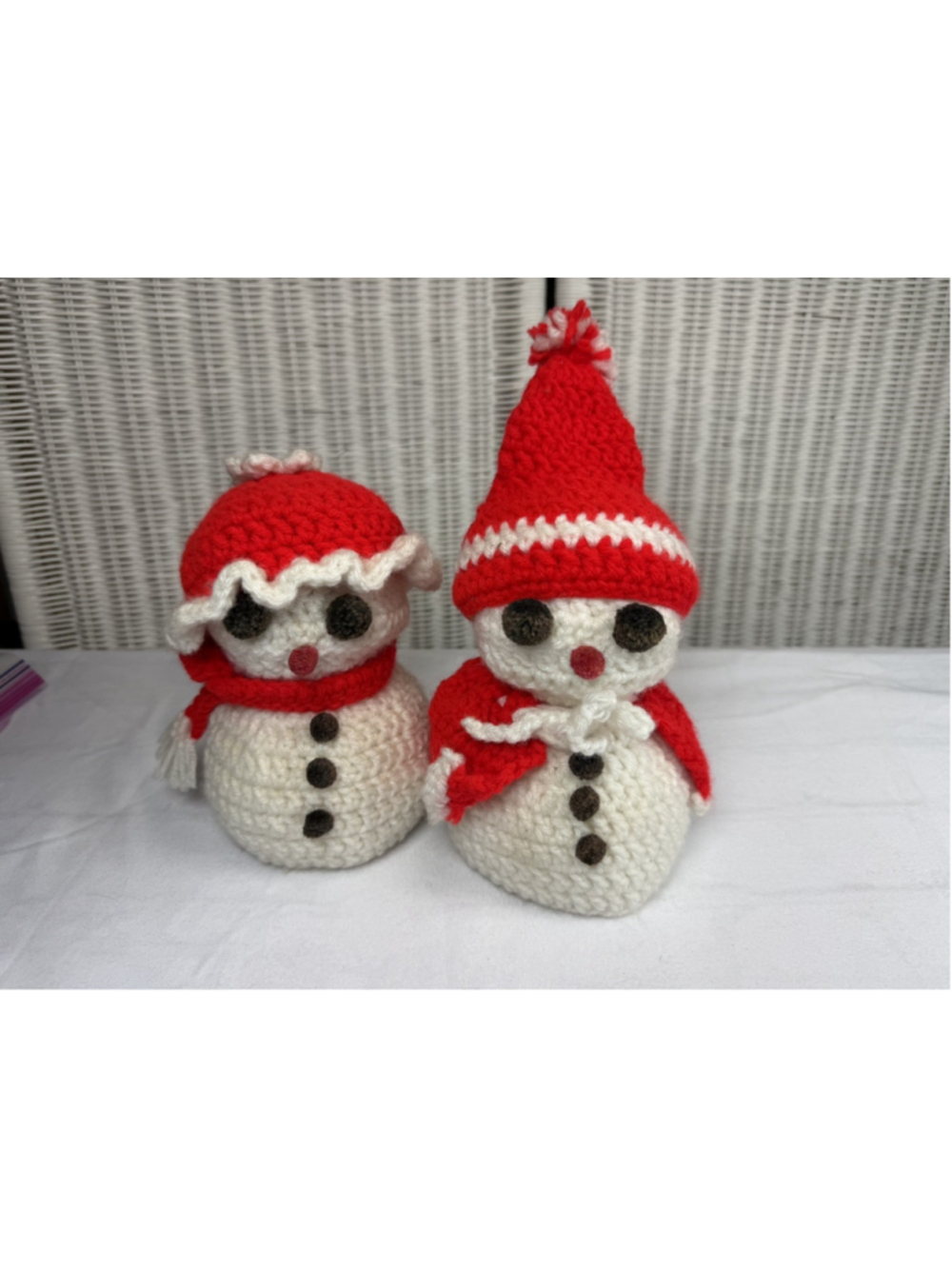 Vintage Handmade Crochet Snowman and Snowwoman Christmas Tabletop Decoration